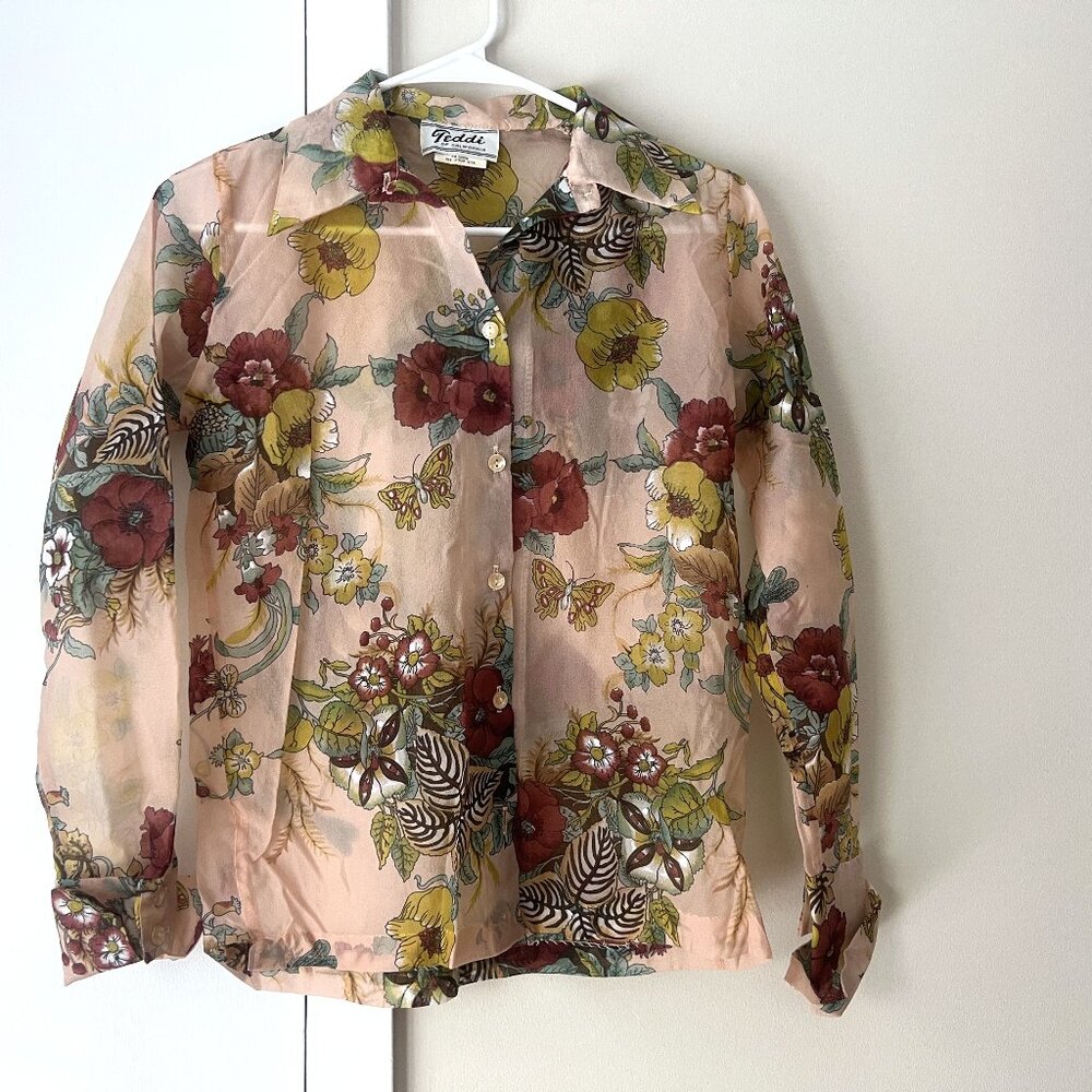 Vintage 70s Sheer Chiffon Blouse Floral Size 10 "Teddi of California" Shirt